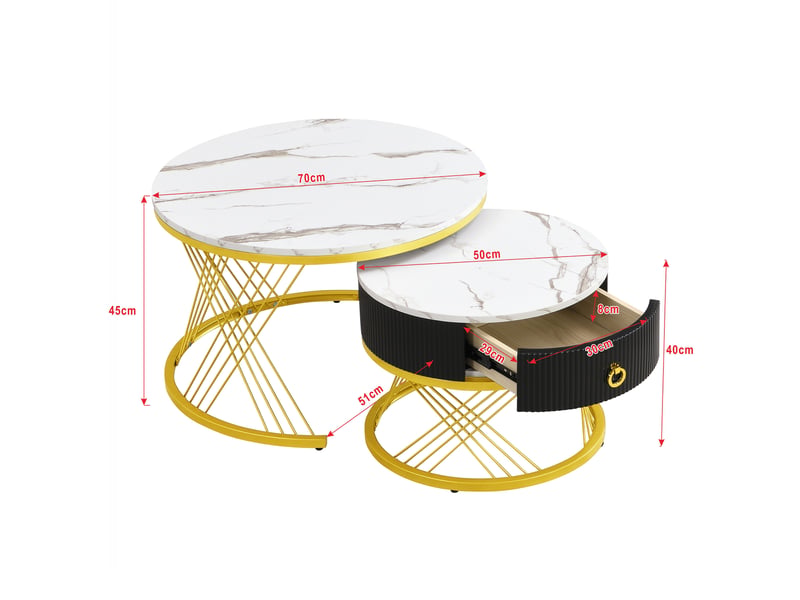  Lot de 2 tables basses gigognes avec tiroir, effet marbre blanc et doré  - Conforama E