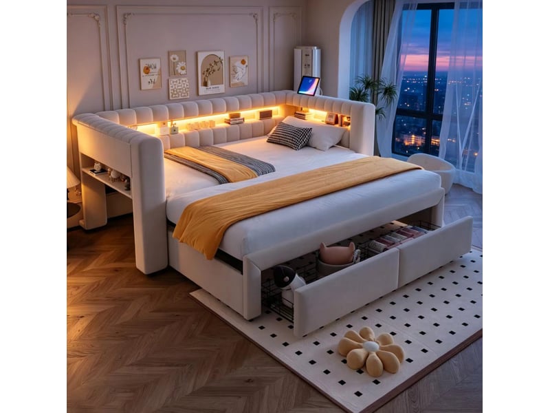  Canapé-lit gigogne modenvie 90 x 190 cm extensible 180 x 190 cm avec tiroirs, rangements, led, usb et type-c, velours beige  - Conforama E