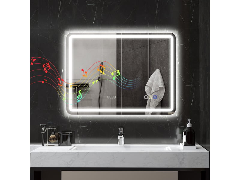 Miroir salle de bain bluetooth avec éclairage led 60 x 80 cm, miroir lumineux mural avec horloge, antibuée, argenté - Conforama A