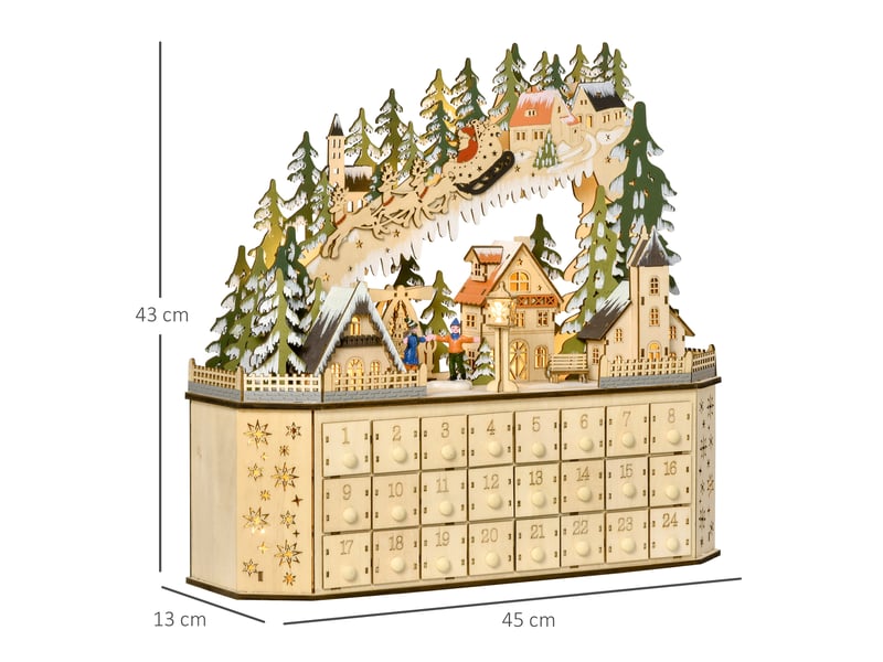  Calendrier de l'avent décoratif de noël, 24 tiroirs, lumières led, 39 cm x 9 cm x 42 cm, blanc et vert  - Conforama E