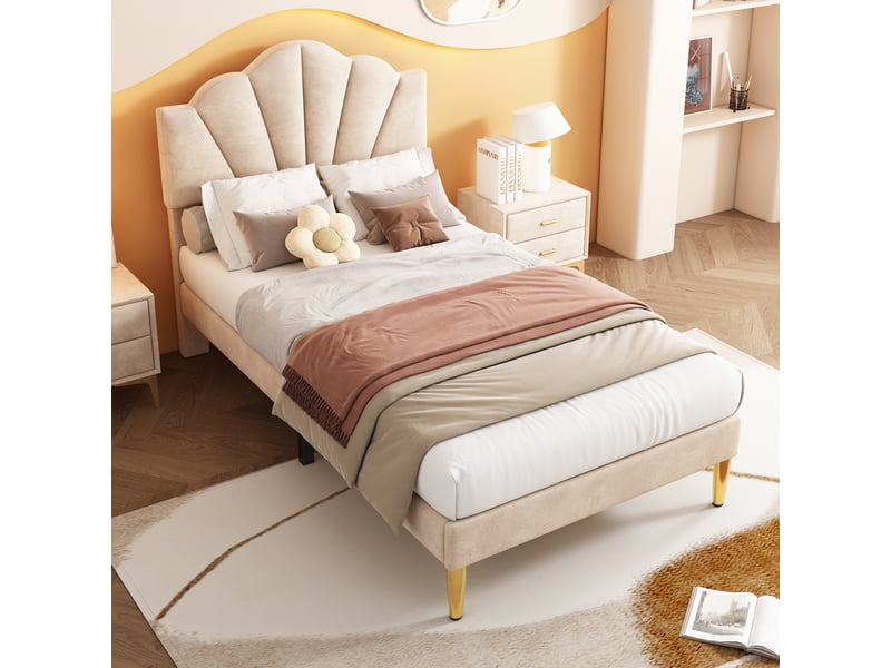  Lit rembourré 90 x 200 cm, tête de lit coquillage réglable en hauteur, sommier à lattes, pieds métal doré, velours beige evarich - Conforama B