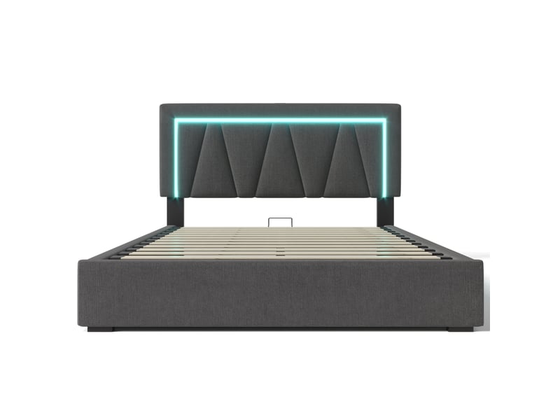  Lit double rembourré 160x200 cm avec fonction de recharge usb type-c et éclairage led, lit coffre (avec matelas) avec sommier en lin  - Conforama B