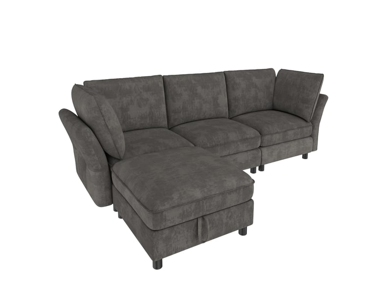  Canapé d'angle modulaire 4 places 225x137 cm – gris – pouf coffre, assise moelleuse en chenille, douce  - Conforama A