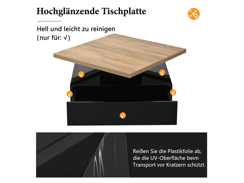  Table basse carrée pivotante à 360° – 2 niveaux avec tiroir – décor noyer et noir brillant – 70 x 70 x 36 cm  - Conforama E