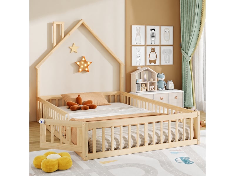  Lit cabane enfant 140 x 190 cm, forme cheminée, sommier à lattes, pin, naturel  - Conforama D