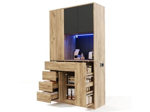 Buffet de cuisine haut avec tiroir à épices vertical, led et prises, 185x105x40 cm