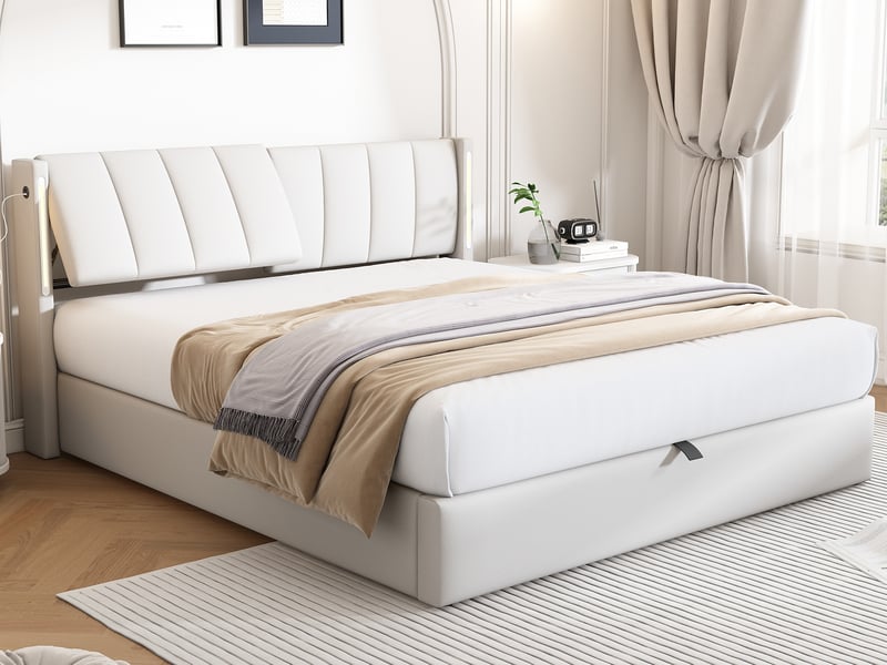 Lit coffre 180x200cm, led binaurales, charge usb et tête réglable,pu, blanc  - Conforama B
