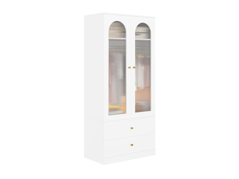  Armoire à portes battantes 89,5 x 50,5 x 200 cm, porte armoire, avec 2 tiroirs, 2 portes vitrées et barre de penderie, mdf, blanc  - Conforama A
