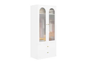 Armoire à portes battantes 89,5 x 50,5 x 200 cm, porte armoire, avec 2 tiroirs, 2 portes vitrées et barre de penderie, mdf, blanc