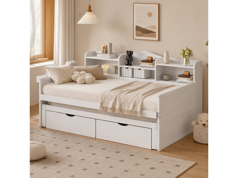 Lit gigogne 90x200+90x190cm, sommiers, recharge, espace de rangement, lit de repos, 2 tiroirs, en bois+mdf, blanc, sans matelas - Conforama B