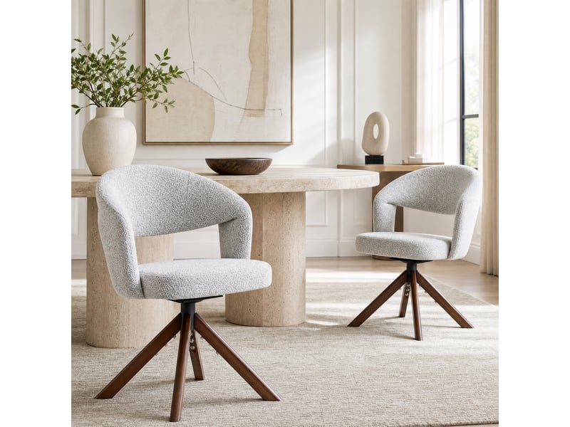  Lot de 2 chaises de salle à manger pivotantes rétro en tissu texturé gris clair et bois couleur noyer  - Conforama C