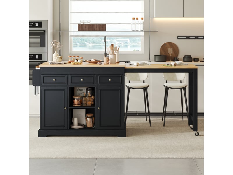  Îlot de cuisine sur roulettes noir avec plan de travail extensible, étagère à épices et tiroirs, 112-188x45x92 cm  - Conforama B