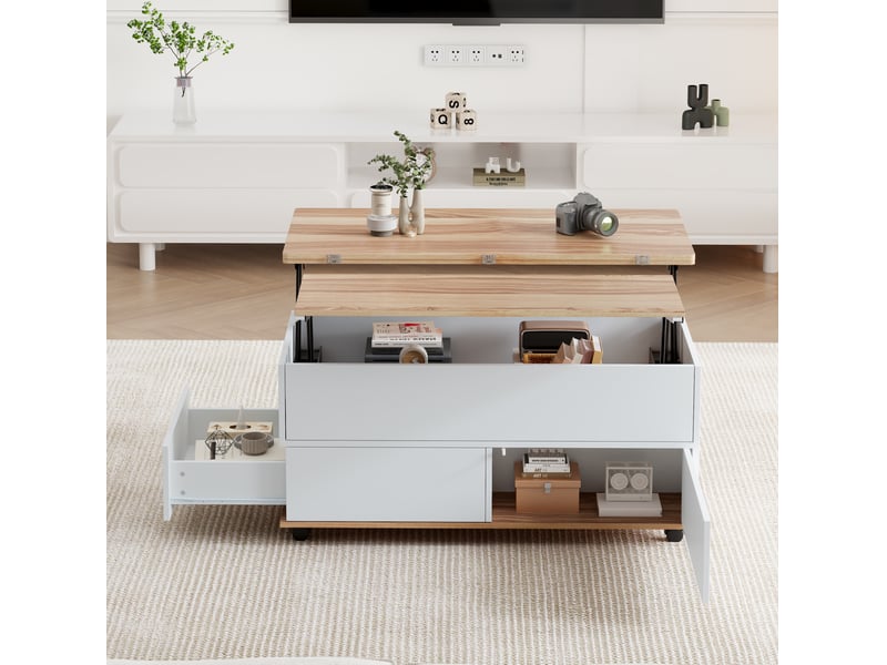  Table basse relevable avec 1 tiroir, 1 porte, niches de rangement et roulettes pour salon, 100 × 98 × 65 cm  - Conforama B