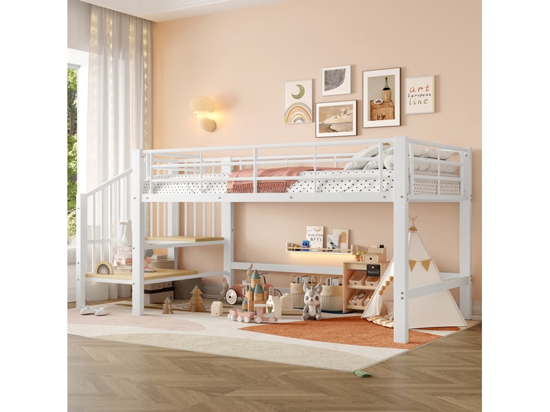  Modenvie lit mi-hauteur 90x200 cm - escalier de rangement, structure metal, sommier inclus - blanc  - Conforama B