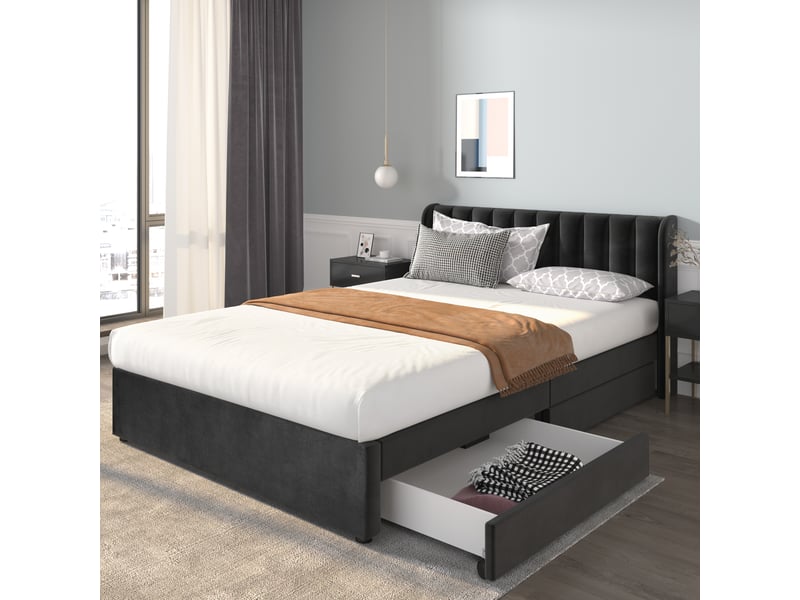  Lit double capitonné 160x200 cm avec deux tiroirs, lit double avec sommier à lattes et tête de lit, lit 2 personnes, noir  - Conforama A