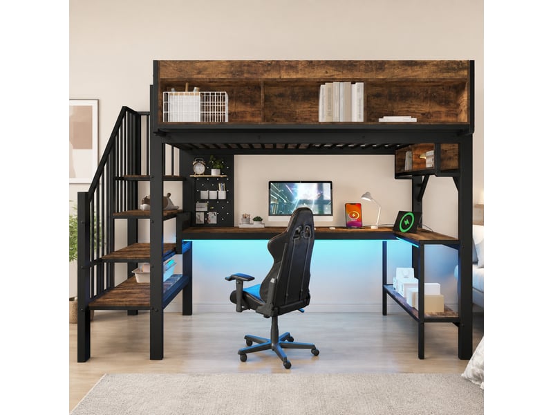 Lit mezzanine lit simple avec bureau d'angle, rangements, usb, type-c et led, 200x90 cm, sans matelas  - Conforama B