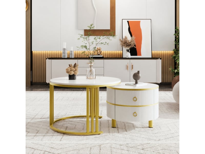  Ensemble de 2 tables basses rondes avec 2 tiroirs, blanc et doré, ø 70 et 50 cm  - Conforama B