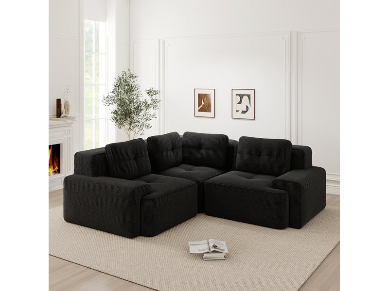  Canapé d’angle modulable 3 places en velours côtelé noir - 206 x 206 x 69 cm  - Conforama D