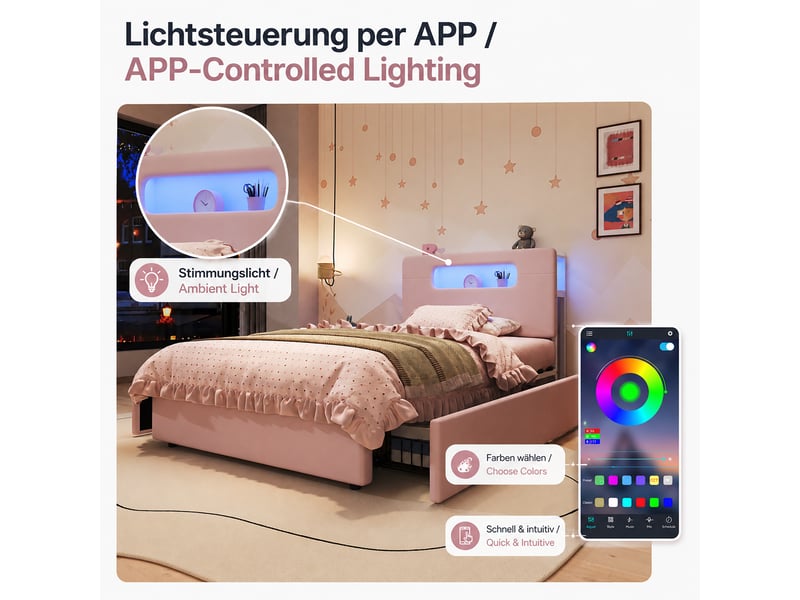  Lit enfant rembourré 90x200 cm en velours avec rangement, tête de lit avec étagères, 4 tiroirs, éclairage led - rose  - Conforama D