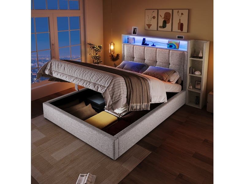 Lit coffre 90x200cm rangements ports usb-c intégrés, bande led, style minimaliste moderne, lin mdf, beige, sans matelas - Conforama W