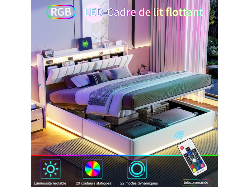  Lit double 140 x 200, lit coffre 140 x 200, éclairage led, port usb et type-c, table de chevet avec rangement, tissu de velours, beige  - Conforama E