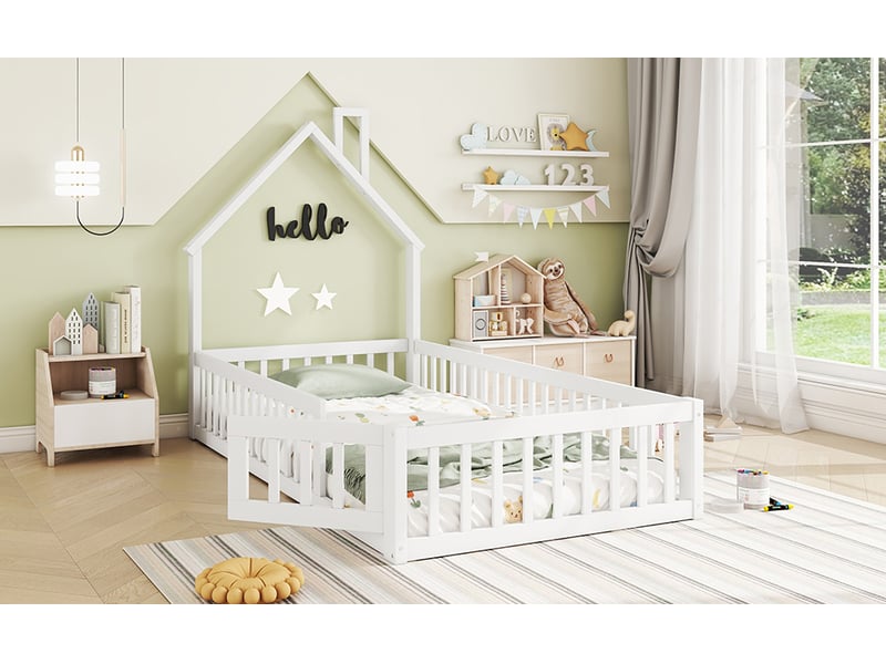  Lit cabane 90 × 200 cm, silhouette de toit et cheminée, portillon ouvrant, pin et mdf, sommier à lattes, blanc  - Conforama B