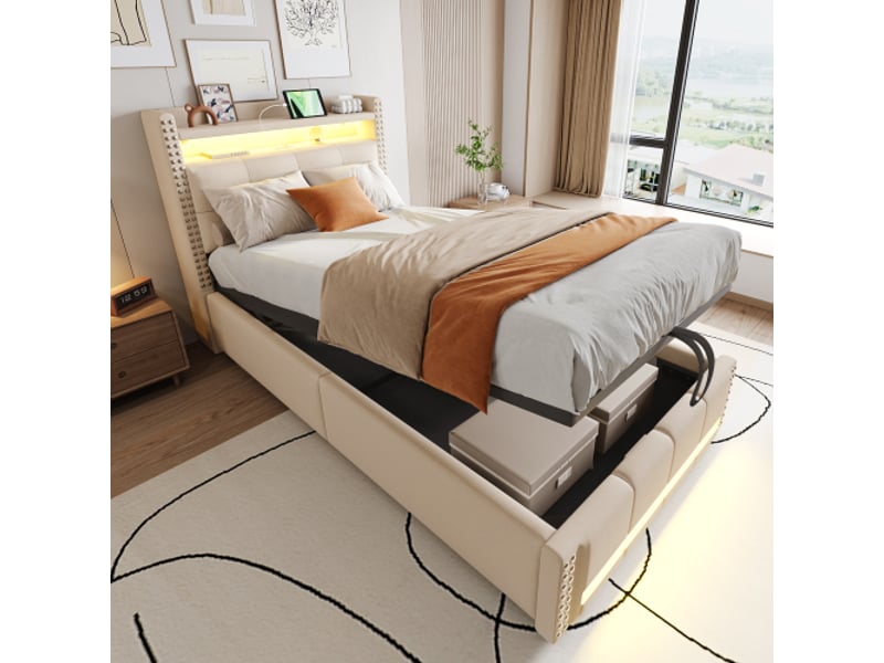  Lit coffre 90x200 cm, lit enfant avec éclairage led, prise usb et étagères de rangement, tissu en lin beige, sans matelas  - Conforama C