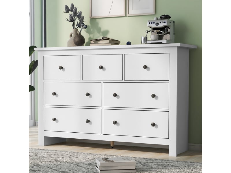 Buffet bas blanc à 7 tiroirs en panneau de particules - Conforama B