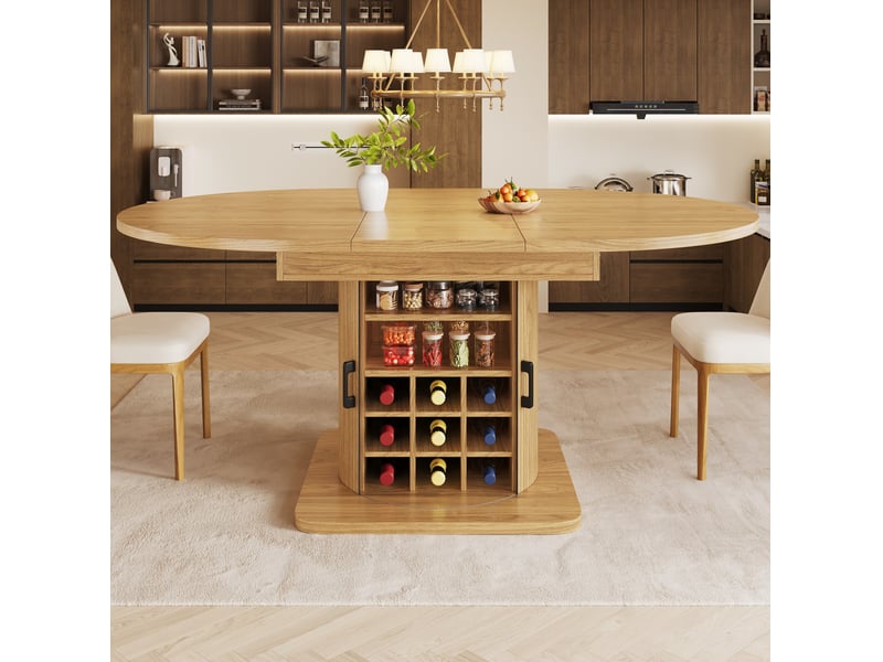  Table à manger extensible avec rangement 118-158 x 118 cm, mdf et métal, marron clair  - Conforama B