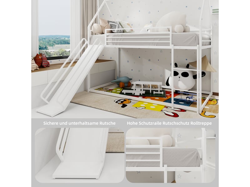 Lit superposé enfant 90x190cm - toboggan intégré - garde-corps 32cm - métal blanc - haute sécurité  - Conforama B
