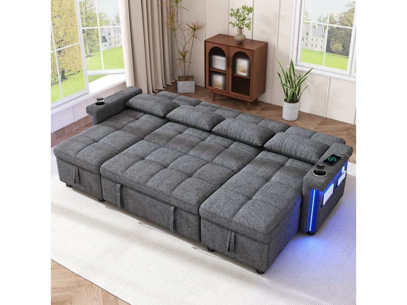  Canapé panoramique convertible en lit  268,5 cm, 4 places en u avec 2 méridiennes de rangement, dossier réglable, led, usbtype-c, chenille, gris  - Conforama C