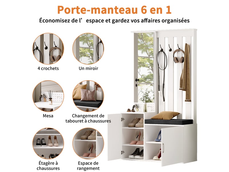 Vestiaire d'entrée - 100x40x180cm - meuble d'entrée tout-en-un avec miroir, banc, patères &amp; armoire à chaussures - blanc  - Conforama D