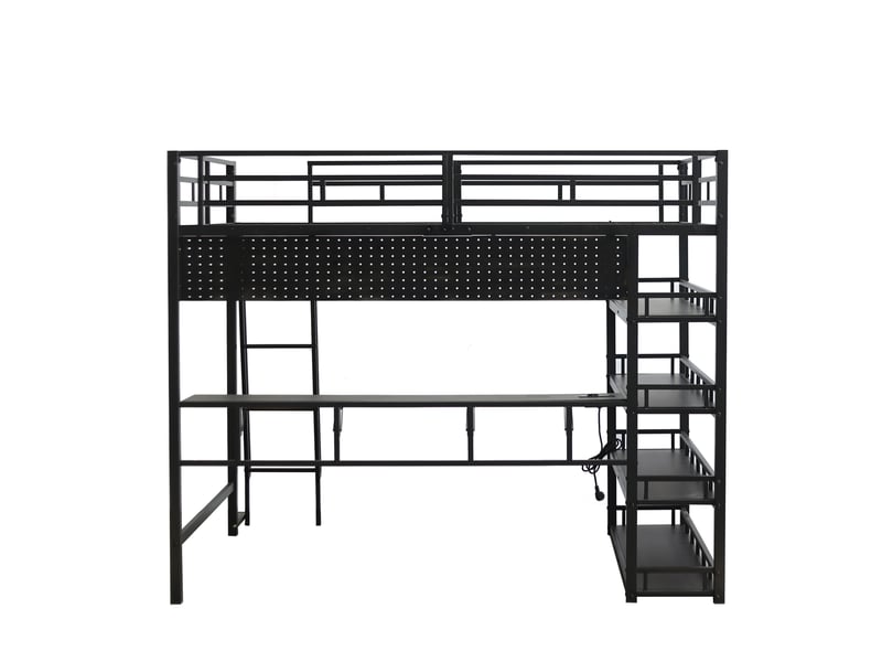  Lit mezzanine 140x200 cm, lit enfant avec rangement, port usb de charge et échelle inclinée, métal, noir, sans matelas  - Conforama E