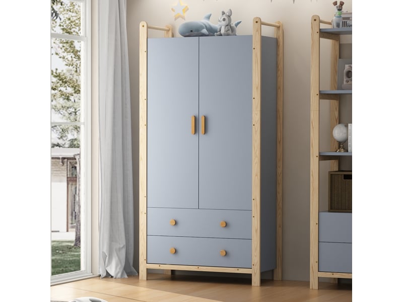  Armoire 2 portes avec penderie et 2 tiroirs, 90 x 45 x 180 cm, bleu et bois  - Conforama E
