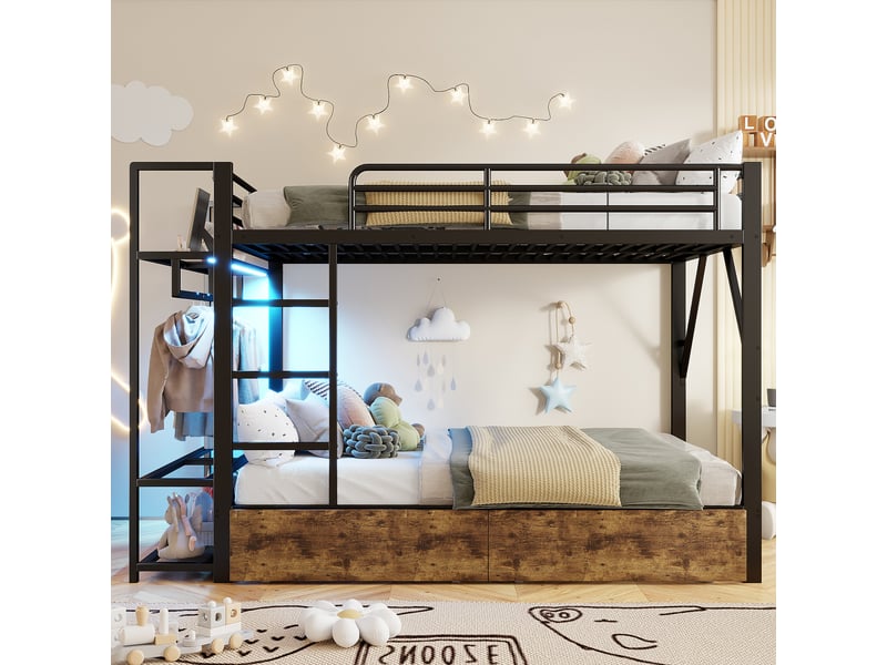  Lit superposé 140 x 200 cm, structure en fer, 2 tiroirs, plusieurs étagères, éclairage led, penderi, noir  - Conforama C