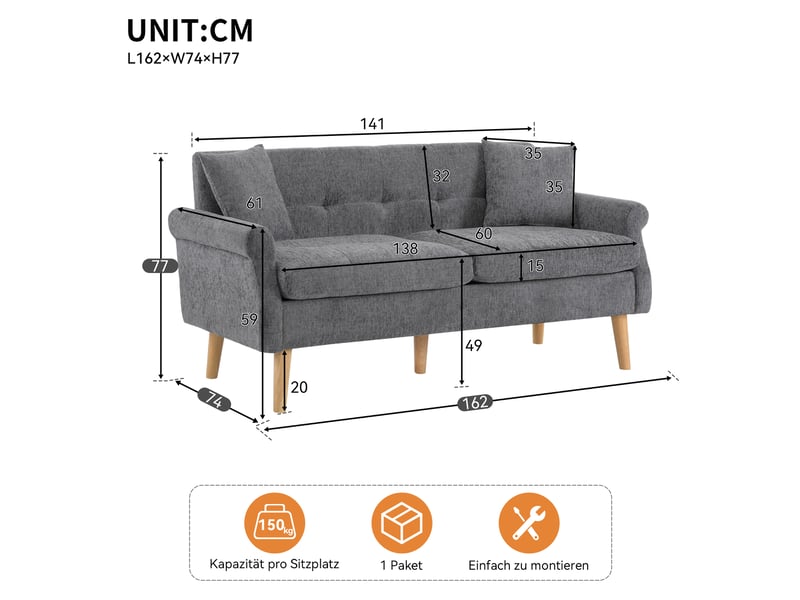  Canapé droit 2 places 162 x 74 x 77 cm en chenille grise, coussin d’assise épais 15 cm, accoudoirs ergonomiques, pieds en bois massif, format compact  - Conforama E