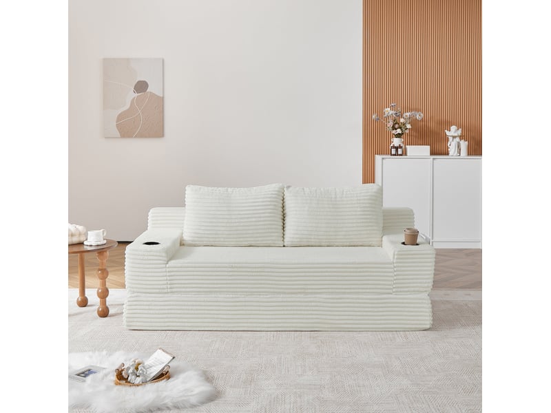 Canapé-lit 2-en-1 compressé 2 places couleur beige sans matelas, mousse, design simple, coussins décoratifs, canapé se - Conforama D
