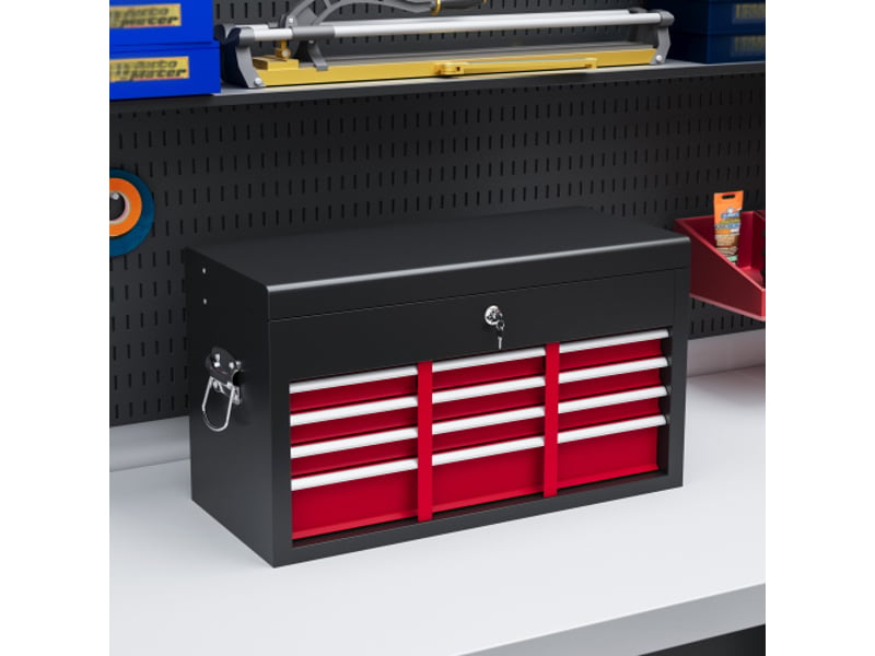  Caisse à outils en acier rouge et noir 60 × 26 × 34 cm, 6 tiroirs, serrure et poignée, rangement sécurisé  - Conforama D