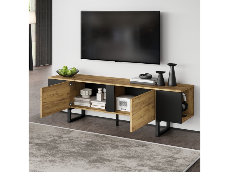  Meuble tv 180x40x55 cm - meuble bas avec 2 placards et rangements ouverts latéraux, pour tv jusqu’à 75 pouces  - Conforama D