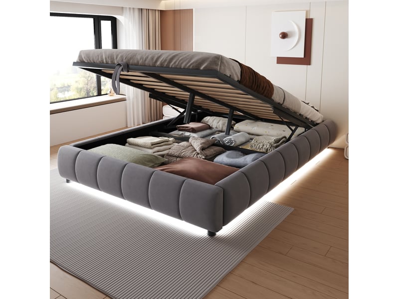 Sommier coffre 140x200cm sans tête de lit, avec lumières led monochromes, design moderne épuré, velours gris, sans matelas - Conforama B