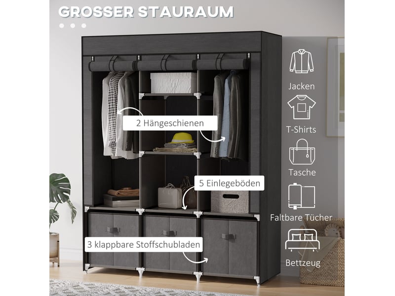  Armoire pliable avec 2 barres, 5 étagères et 3 tiroirs pour chambre, en acier et tissu, gris foncé 125 × 43 × 162,5 cm  - Conforama E