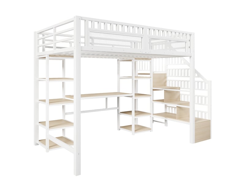  Lit mezzanine avec bureau intégré - 140x200 cm - cadre en métal - étagère - échelle avec rangement  - Conforama R