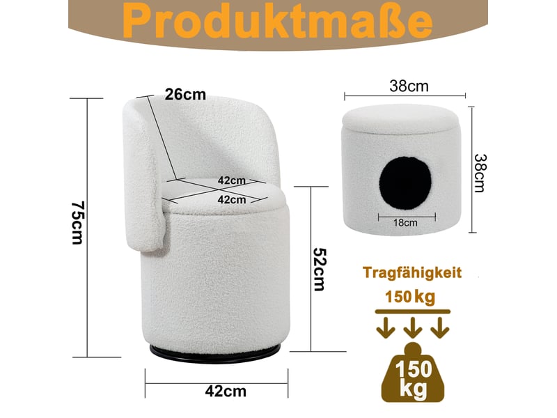  Fauteuil pouf pivotant à 360 degrés avec coffre de rangement et pouf en tissu teddy blanc, 53 × 50 × 47 cm  - Conforama D