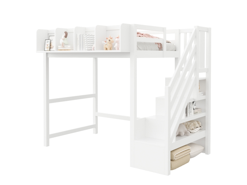  Lit mezzanine 90 x 200 cm en bois avec garde-corps, étagère, led, échelle et espace ouvert, blanc  - Conforama A