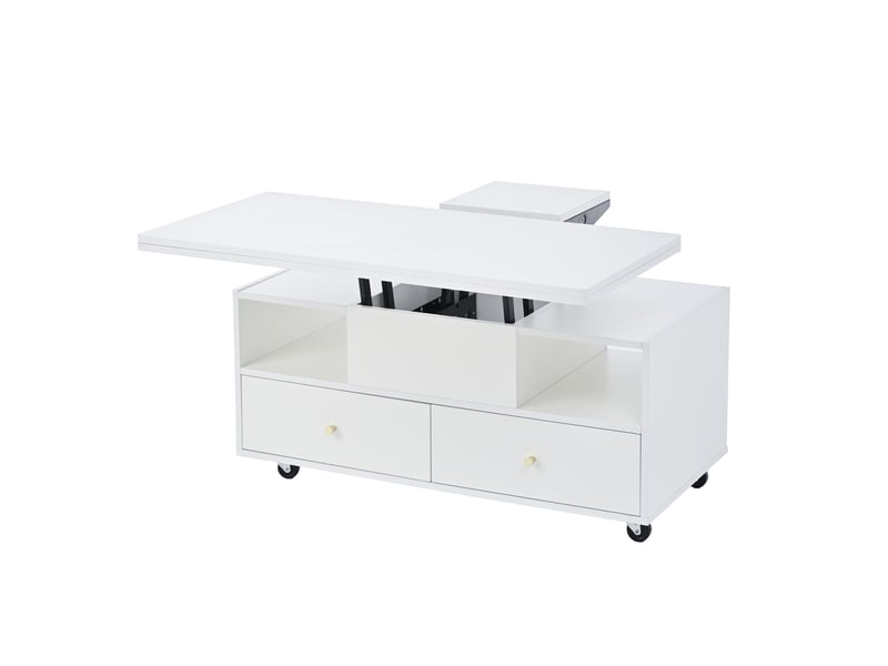  Table basse réglable en hauteur avec fonction pliante et 4 tiroirs, 100 x 50 x 47,5 cm, une grande et une petite table à levage hydraulique, table de salon mobile avec roulettes universelles, table d'appoint, blanche  - Conforama D