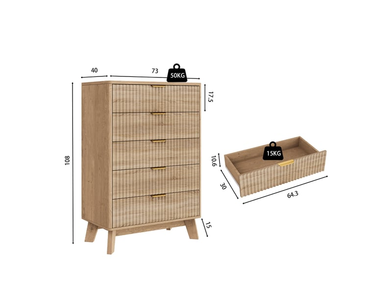 Commode de chambre, 73x40x108 cm, 5 tiroirs de rangement, anti-basculement, en bois, texture côtelée moderne, bois naturel - Conforama E