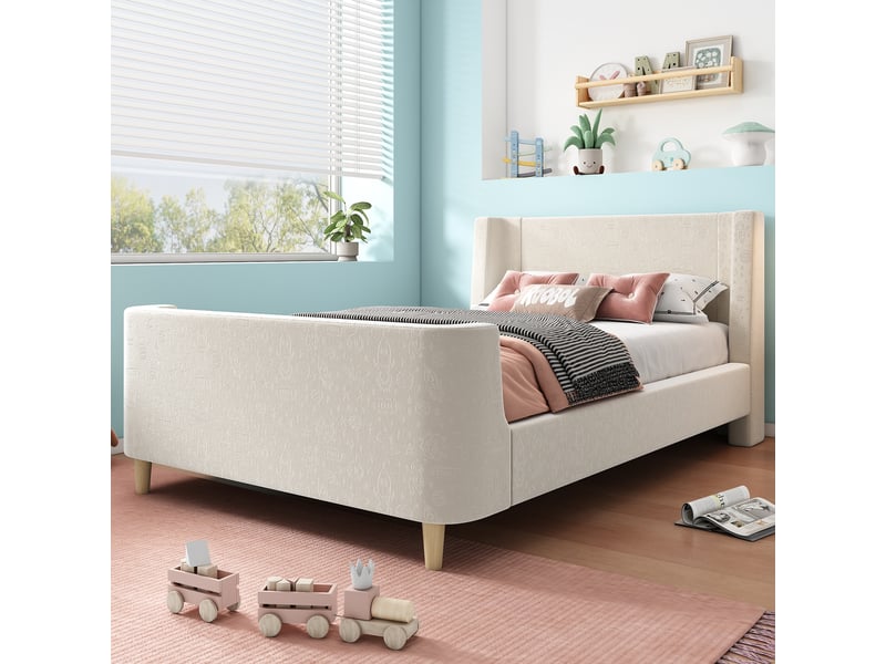  Lit enfant rembourré 90 x 200 cm, motif astronaute, pieds en bois massif, tête de lit rembourrée, sommier à lattes, pour la chambre, velours, beige ABC - Conforama D
