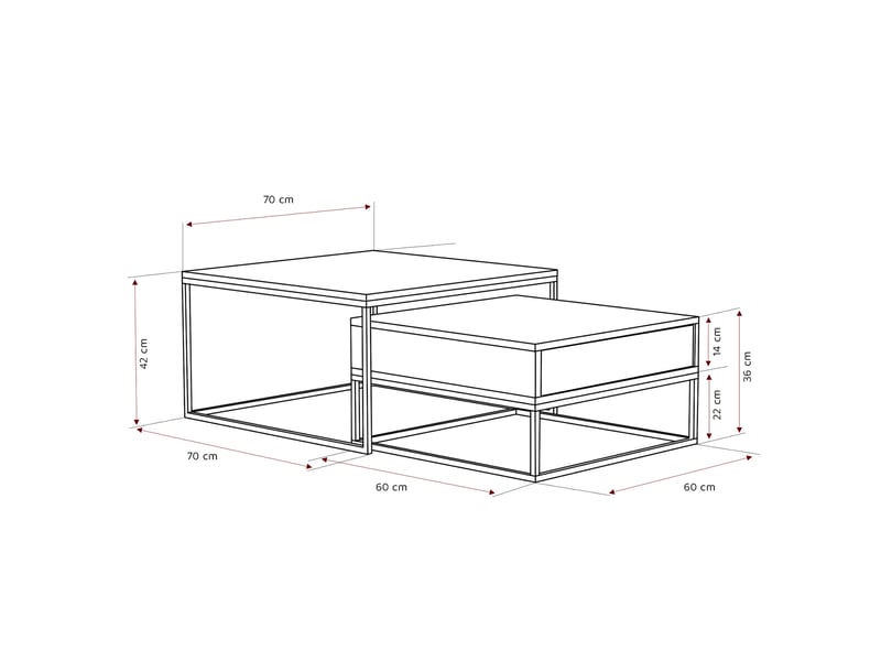  Tables basses gigognes elegant - 7060 cm - avec grand tiroir - structure en acier - blanc cachemire ELEGANT - Conforama E