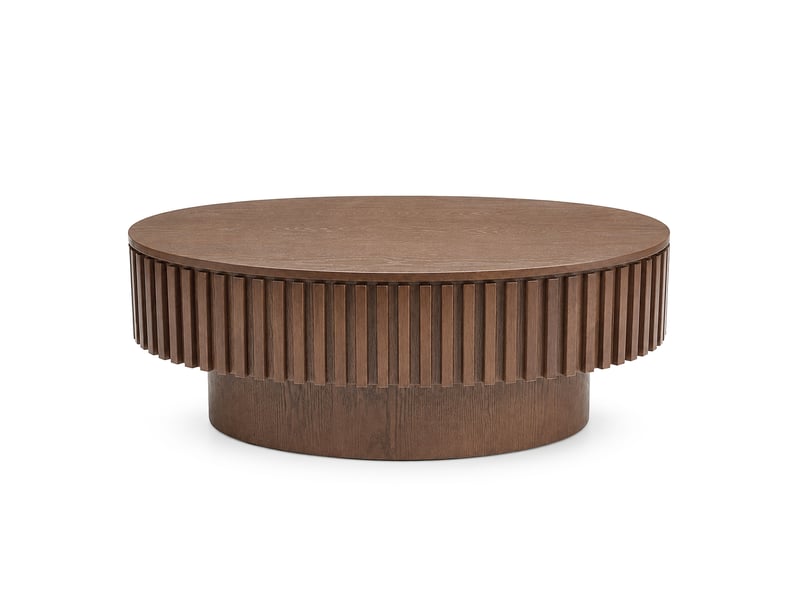 Table basse ovale 98 cm en mdf plaqué bois foncé, rangement caché et finition laquée pour votre salon - Conforama A