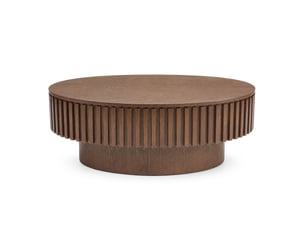 Table basse ovale 98 cm en mdf plaqué bois foncé, rangement caché et finition laquée pour votre salon